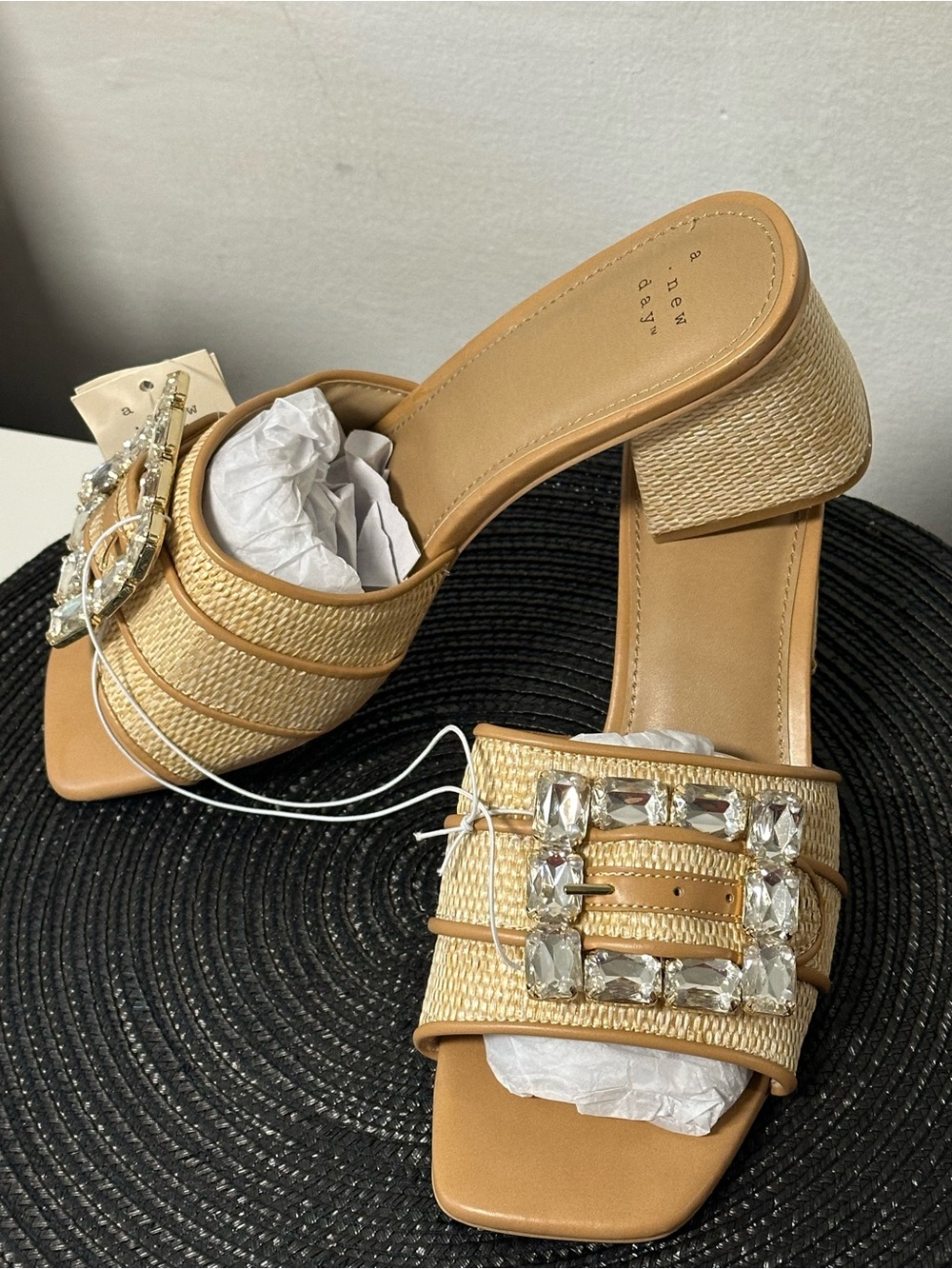 a new day Tan Woven Slide Mules with Crystal Buckles